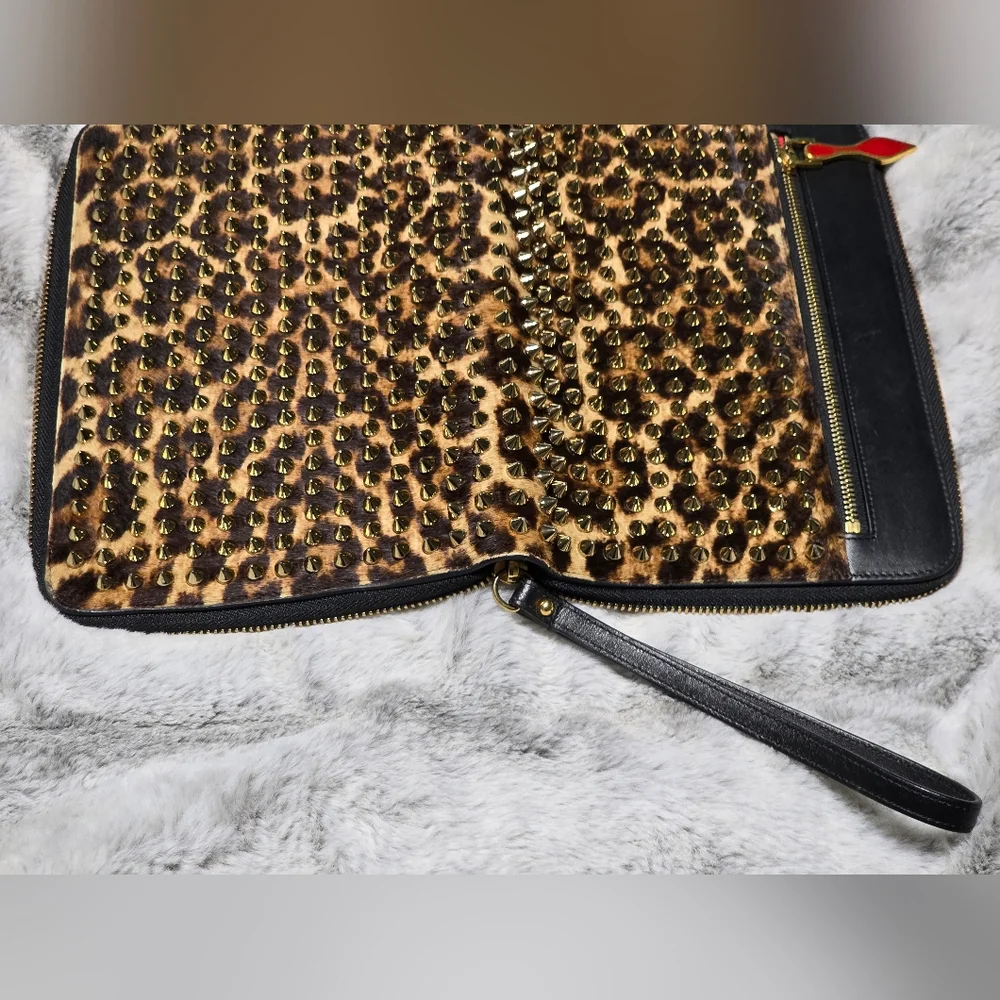 Rare Find-Christian Louboutin Leopard Pony Hair Cris Spiked Clutch/iPad Case COA